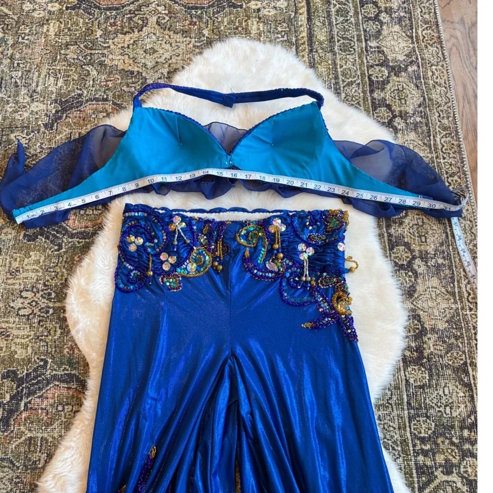Hand Beaded Bedlah Blue Belly Dancing Costume Set Bra Top and Harem Pants